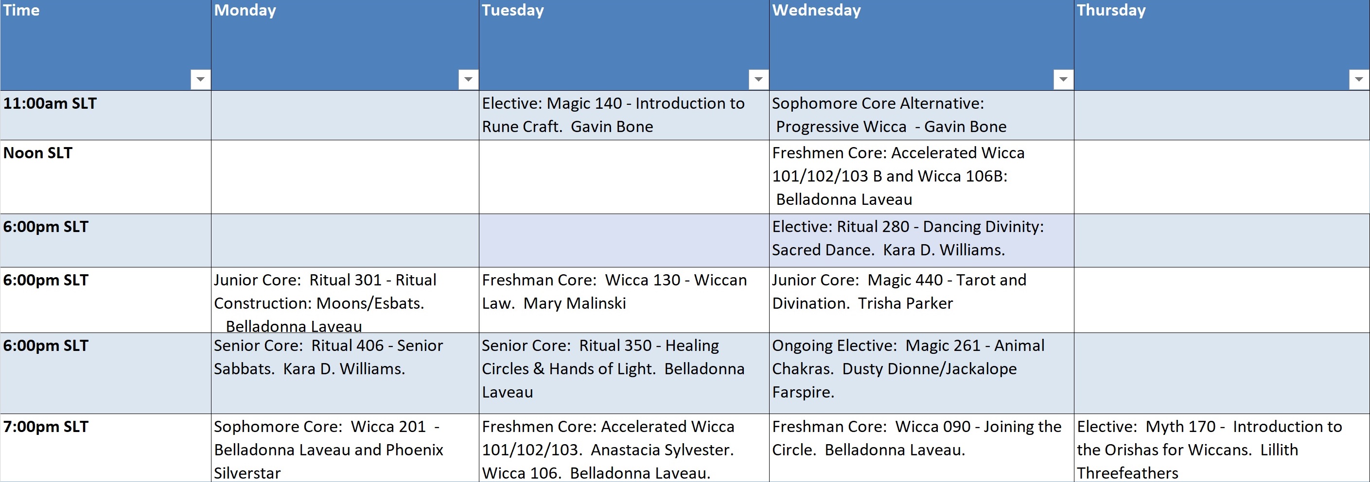 Summer 2018 Class Schedule