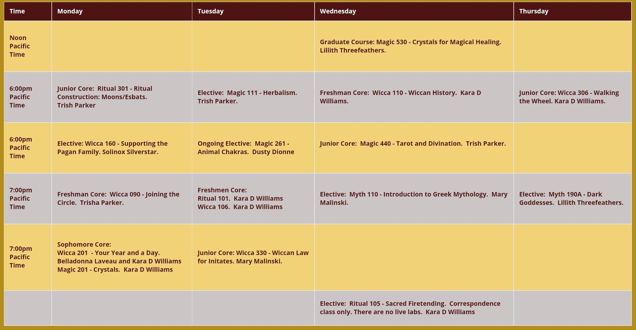 Spring 2022 schedule; see webpage for text version