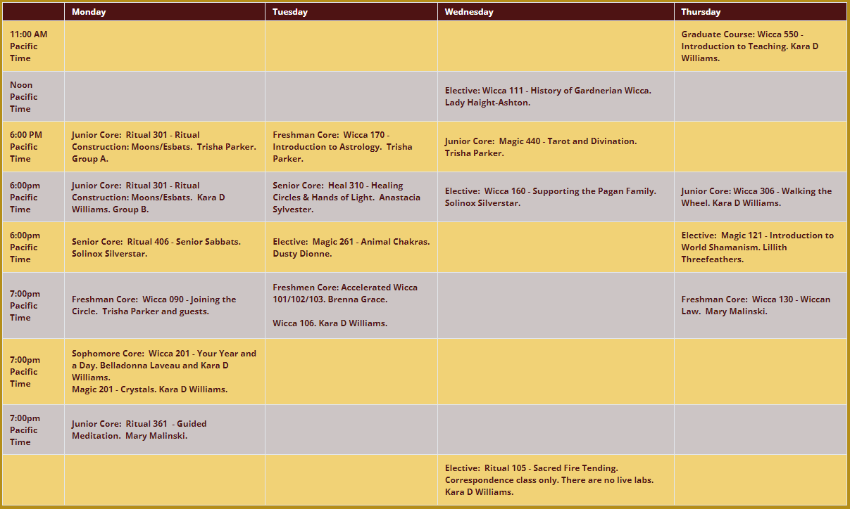 Class schedule for Winter 2023 Session