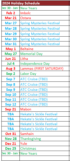 2024 Holiday Schedule
