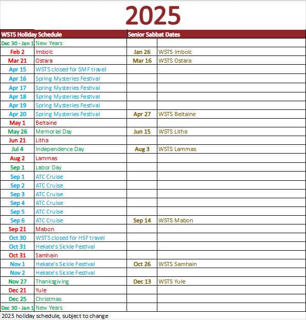 2025 holiday schedule for WSTS